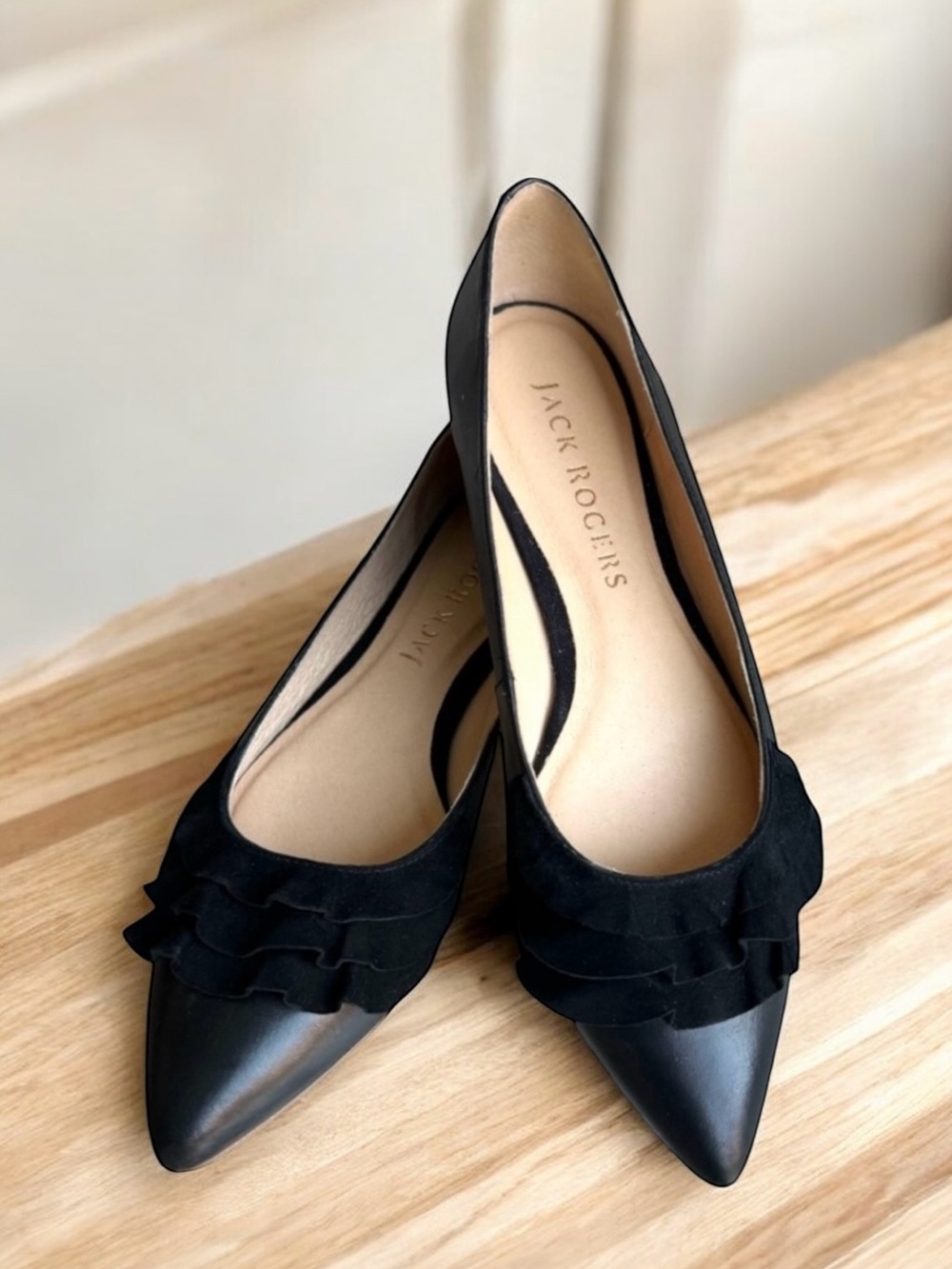 Jack Rogers Rose Ruffle Flats Pointed Toe Black Leather